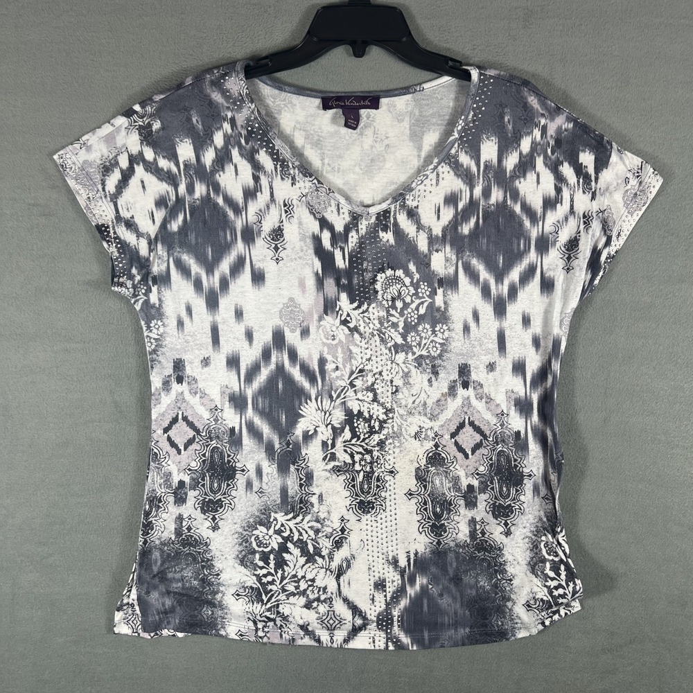 Gloria Vanderbilt Women's L Gray White Black Ikat Floral Embellished V-Neck Top